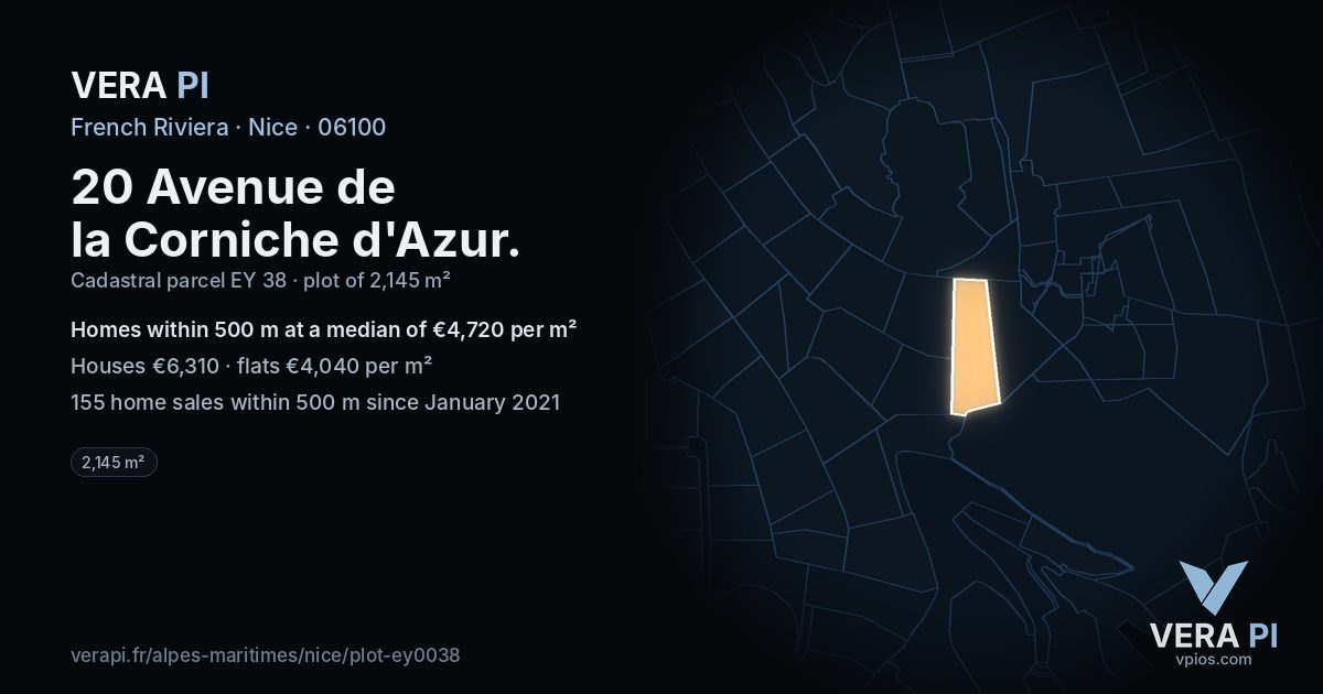 20 Avenue de la Corniche d'Azur, Nice at night – the plot lit, the parcels around coloured by the prices near them