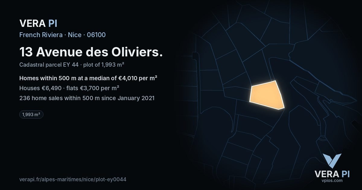 13 Avenue des Oliviers, Nice at night – the plot lit, the parcels around coloured by the prices near them