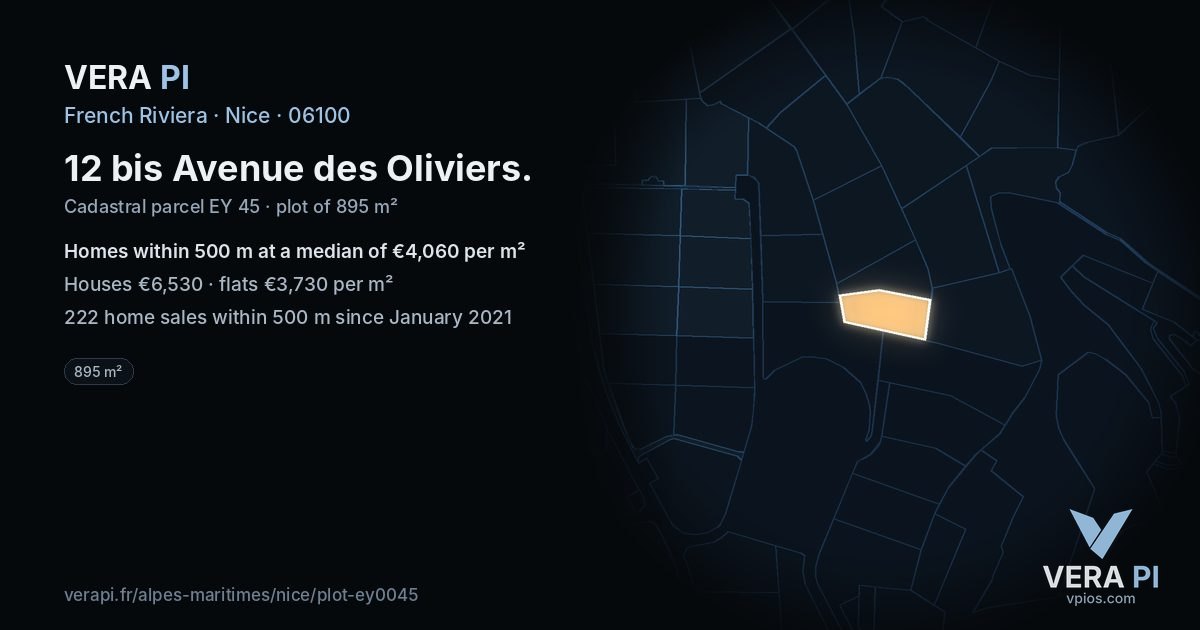 12 bis Avenue des Oliviers, Nice at night – the plot lit, the parcels around coloured by the prices near them