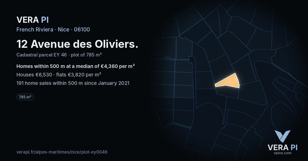 12 Avenue des Oliviers, Nice at night – the plot lit, the parcels around coloured by the prices near them