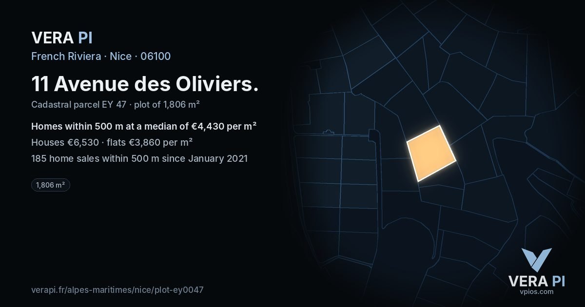 11 Avenue des Oliviers, Nice at night – the plot lit, the parcels around coloured by the prices near them