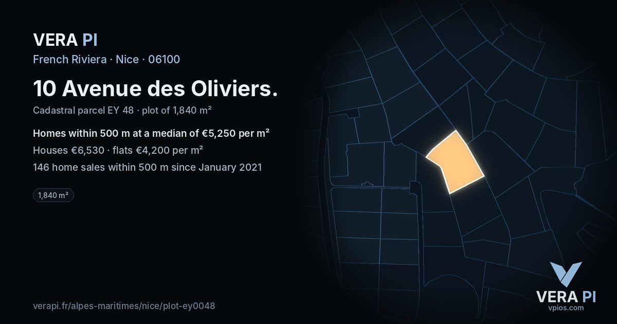 10 Avenue des Oliviers, Nice at night – the plot lit, the parcels around coloured by the prices near them