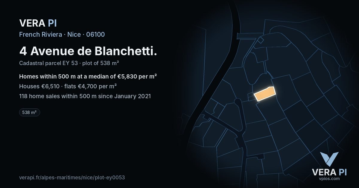 4 Avenue de Blanchetti, Nice at night – the plot lit, the parcels around coloured by the prices near them