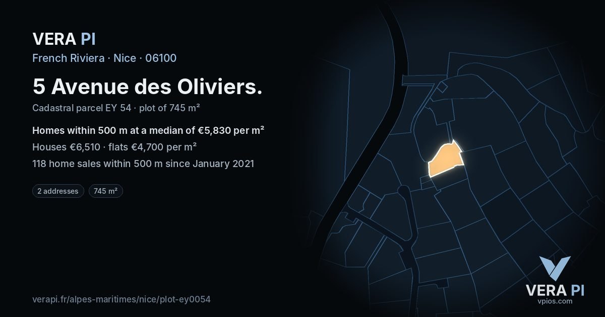5 Avenue des Oliviers, Nice at night – the plot lit, the parcels around coloured by the prices near them