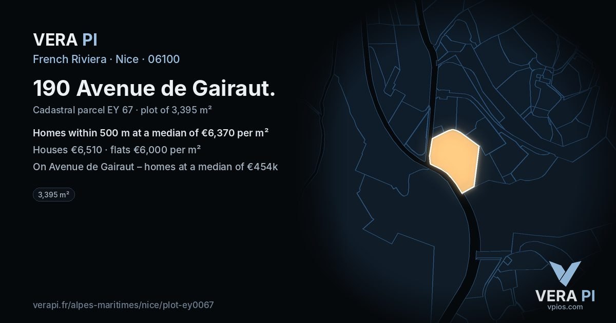 190 Avenue de Gairaut, Nice at night – the plot lit, the parcels around coloured by the prices near them