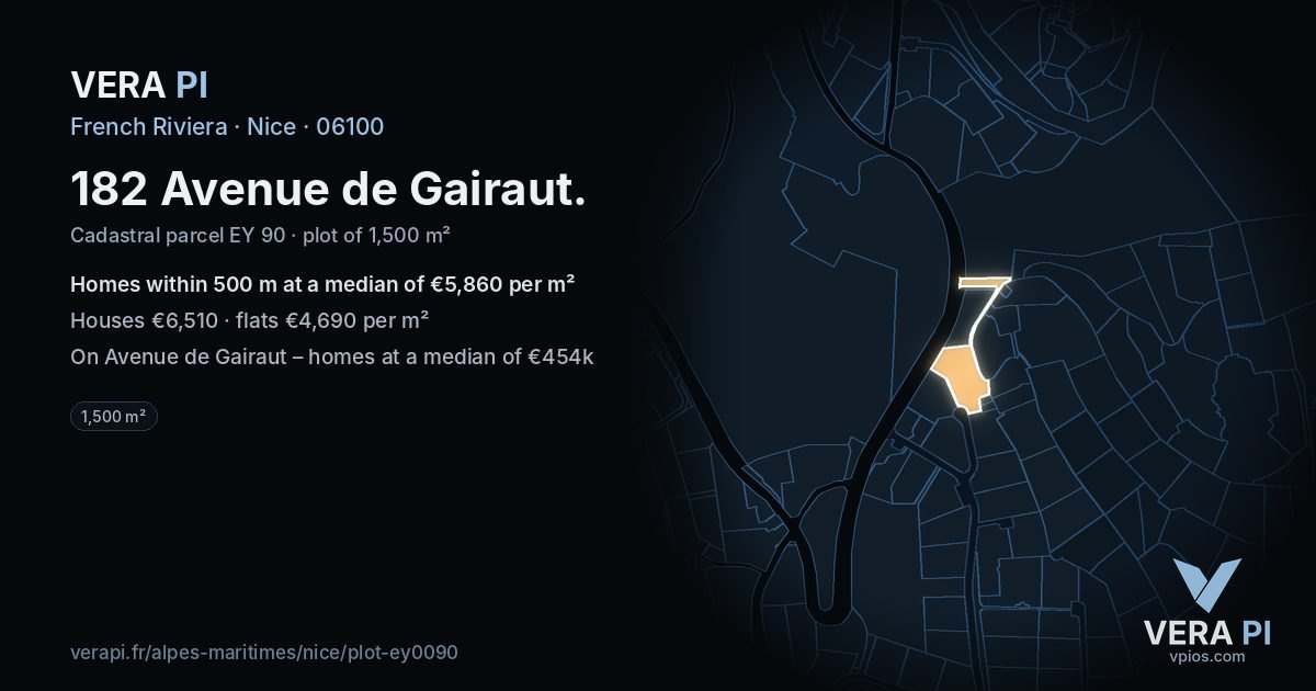 182 Avenue de Gairaut, Nice at night – the plot lit, the parcels around coloured by the prices near them