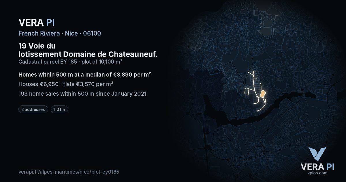 19 Voie du lotissement Domaine de Chateauneuf, Nice at night – the plot lit, the parcels around coloured by the prices near them