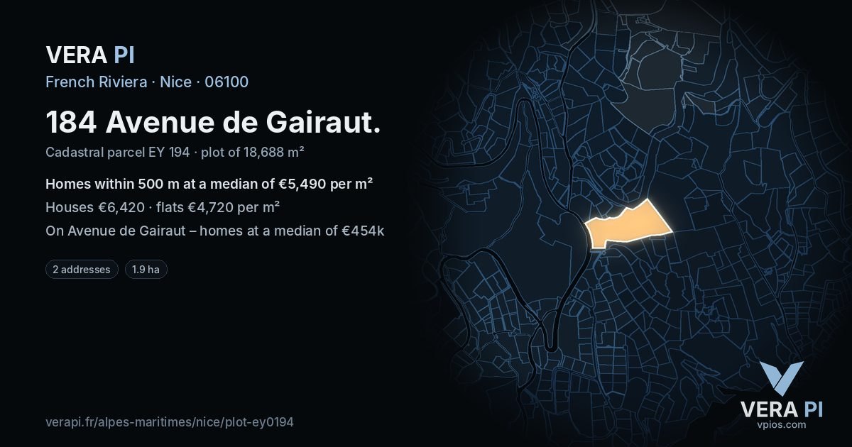 184 Avenue de Gairaut, Nice at night – the plot lit, the parcels around coloured by the prices near them