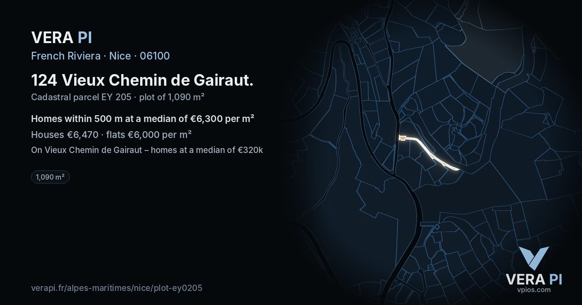 124 Vieux Chemin de Gairaut, Nice at night – the plot lit, the parcels around coloured by the prices near them