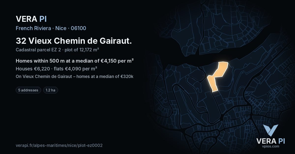 32 Vieux Chemin de Gairaut, Nice at night – the plot lit, the parcels around coloured by the prices near them