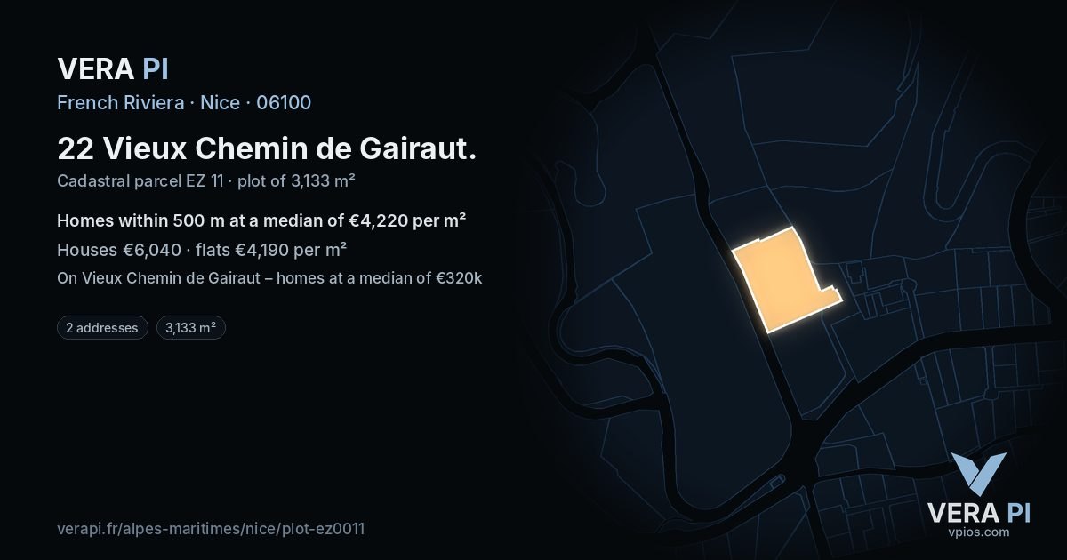22 Vieux Chemin de Gairaut, Nice at night – the plot lit, the parcels around coloured by the prices near them
