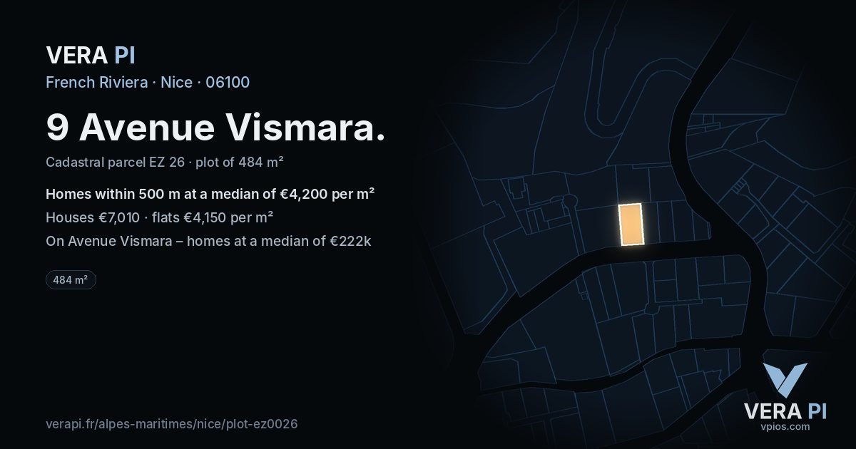 9 Avenue Vismara, Nice at night – the plot lit, the parcels around coloured by the prices near them