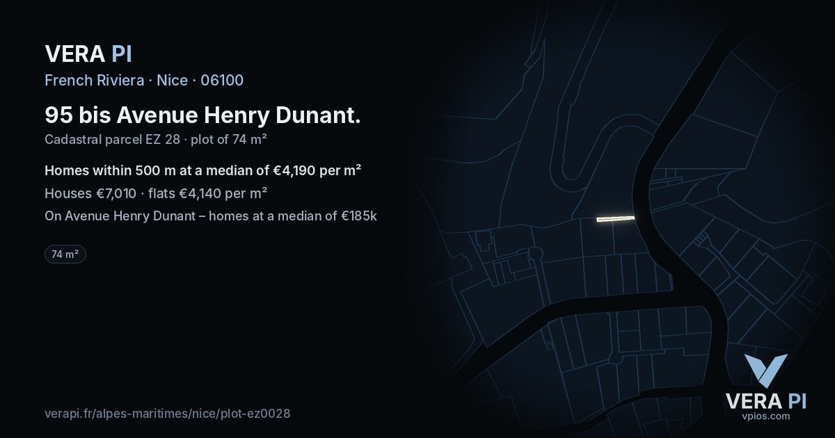 95 bis Avenue Henry Dunant, Nice at night – the plot lit, the parcels around coloured by the prices near them