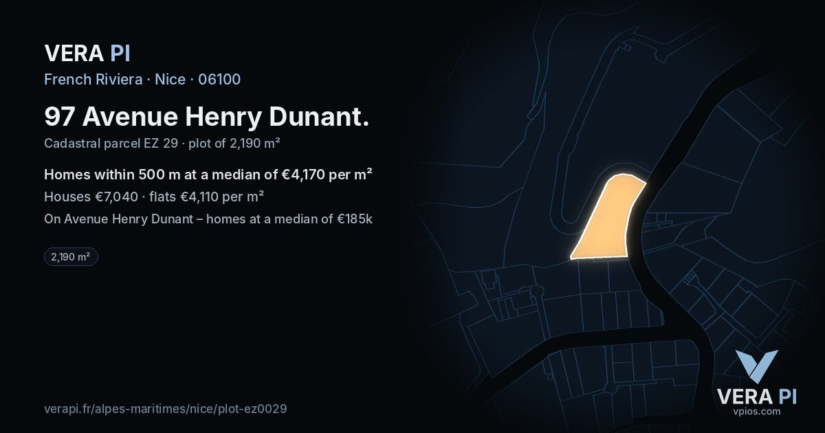 97 Avenue Henry Dunant, Nice at night – the plot lit, the parcels around coloured by the prices near them