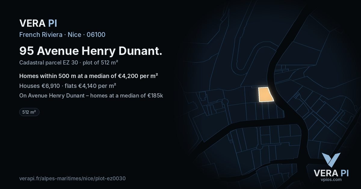95 Avenue Henry Dunant, Nice at night – the plot lit, the parcels around coloured by the prices near them