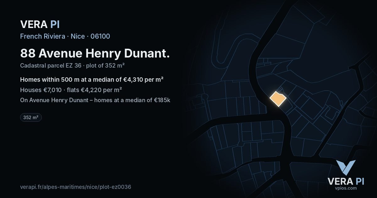 88 Avenue Henry Dunant, Nice at night – the plot lit, the parcels around coloured by the prices near them