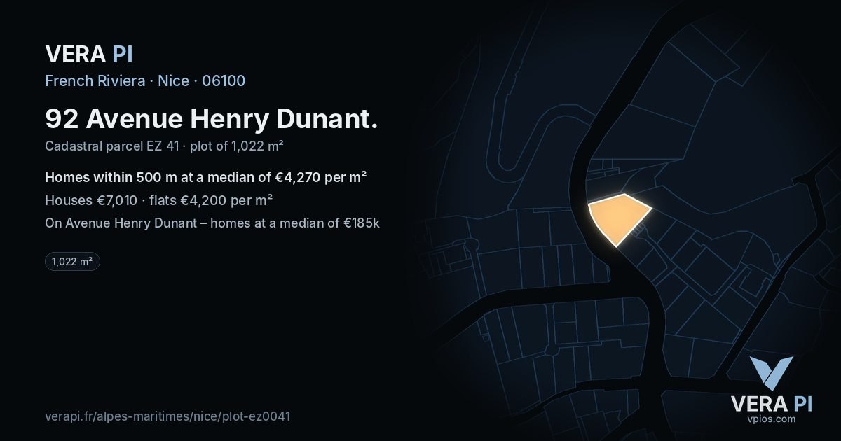 92 Avenue Henry Dunant, Nice at night – the plot lit, the parcels around coloured by the prices near them