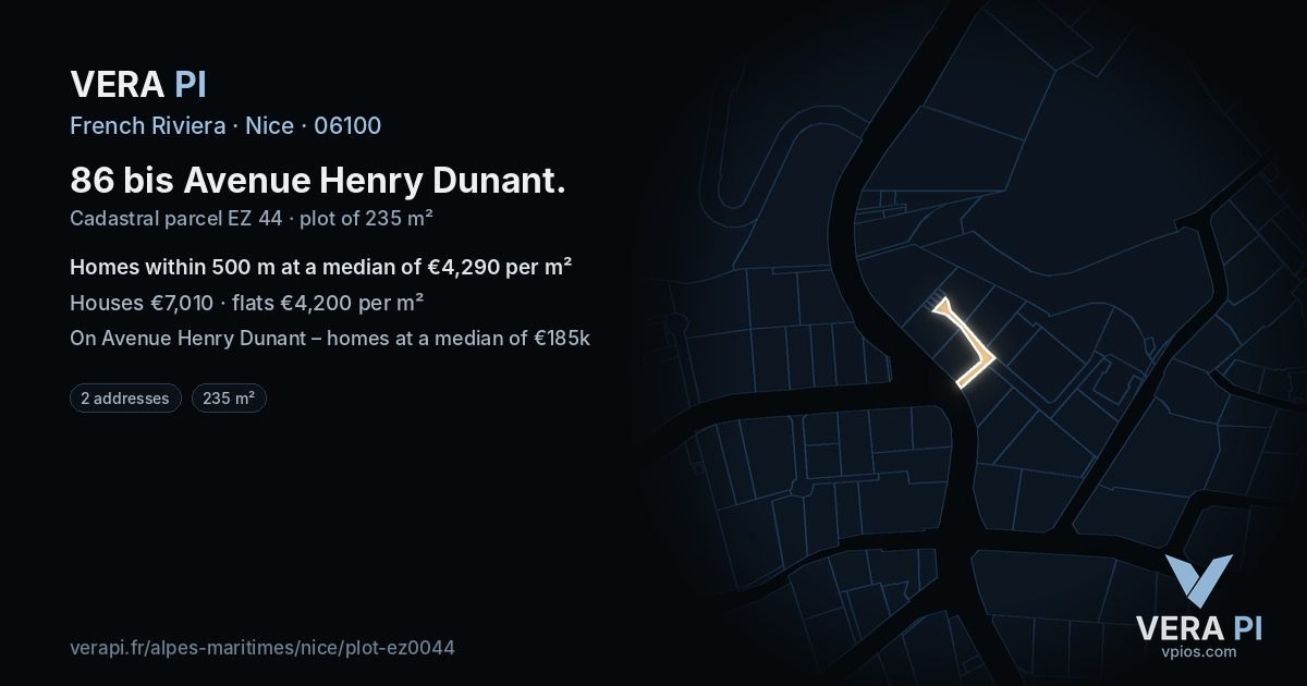 86 bis Avenue Henry Dunant, Nice at night – the plot lit, the parcels around coloured by the prices near them