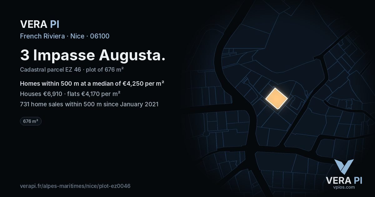 3 Impasse Augusta, Nice at night – the plot lit, the parcels around coloured by the prices near them