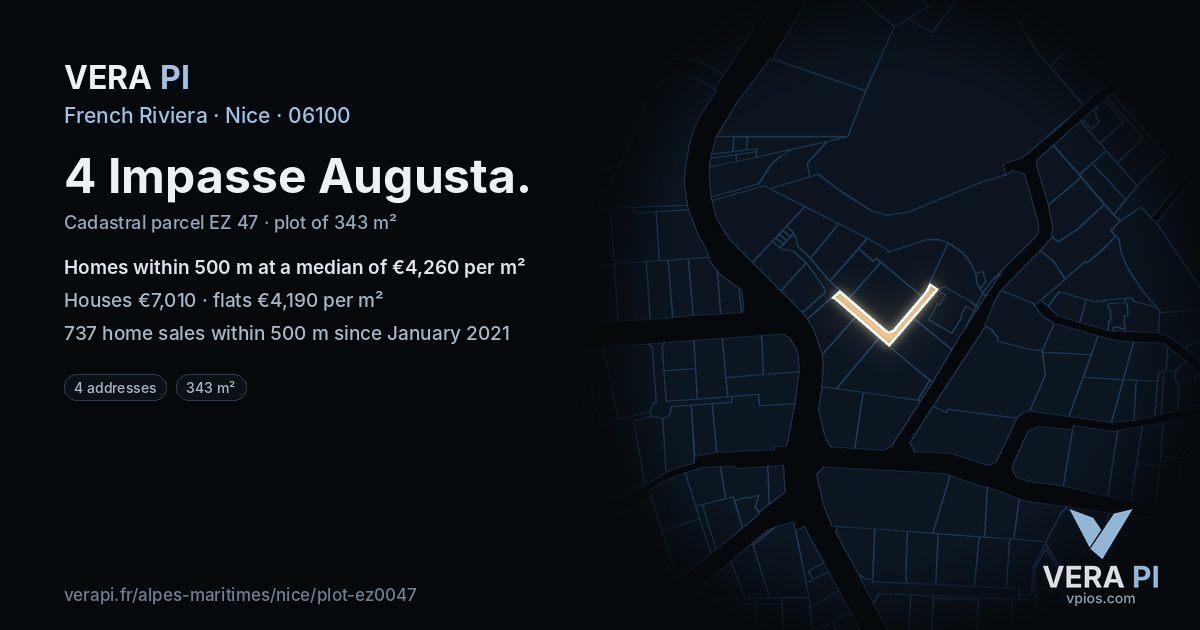 4 Impasse Augusta, Nice at night – the plot lit, the parcels around coloured by the prices near them
