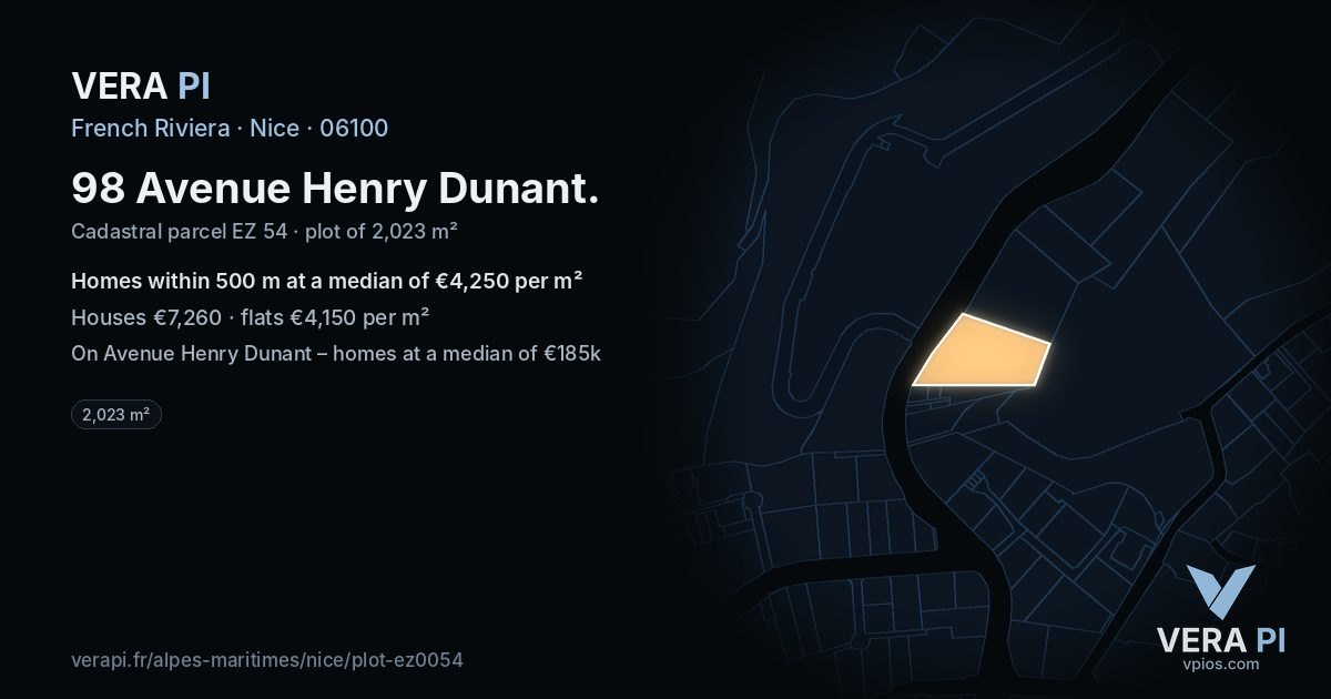 98 Avenue Henry Dunant, Nice at night – the plot lit, the parcels around coloured by the prices near them