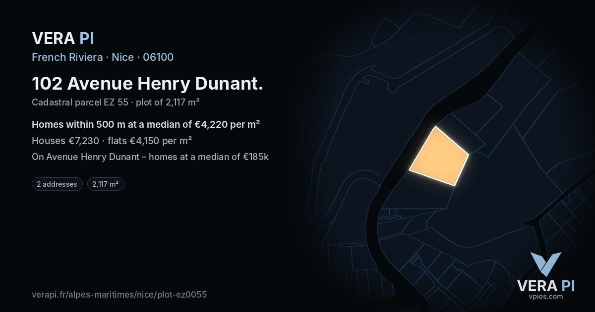 102 Avenue Henry Dunant, Nice at night – the plot lit, the parcels around coloured by the prices near them