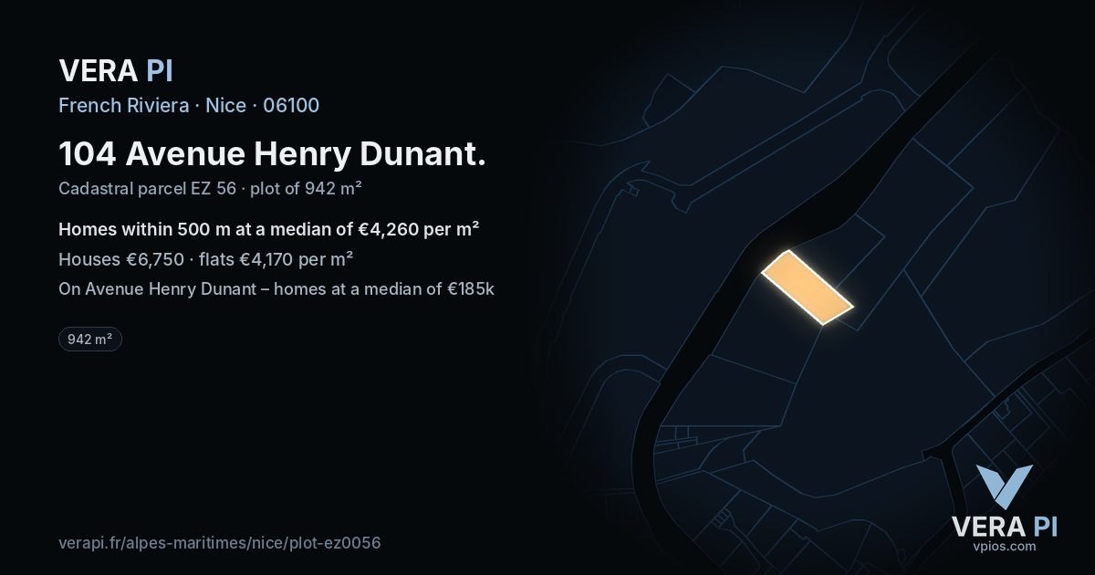 104 Avenue Henry Dunant, Nice at night – the plot lit, the parcels around coloured by the prices near them