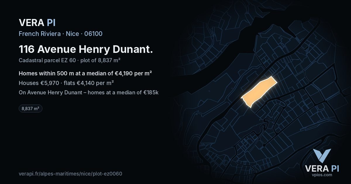 116 Avenue Henry Dunant, Nice at night – the plot lit, the parcels around coloured by the prices near them