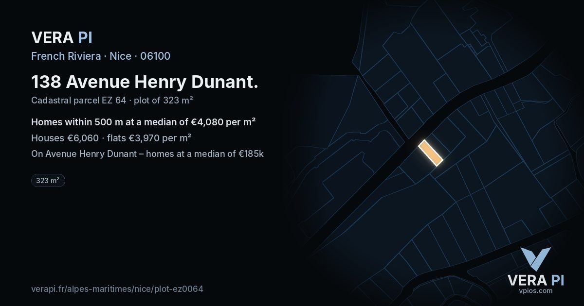 138 Avenue Henry Dunant, Nice at night – the plot lit, the parcels around coloured by the prices near them
