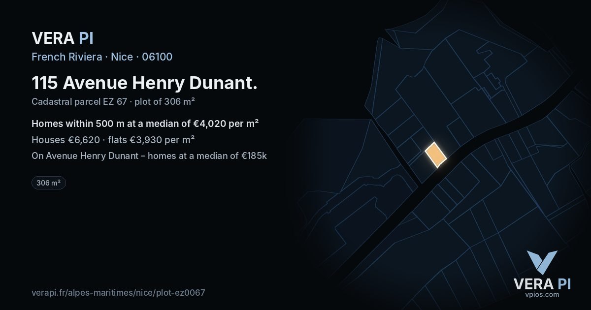 115 Avenue Henry Dunant, Nice at night – the plot lit, the parcels around coloured by the prices near them