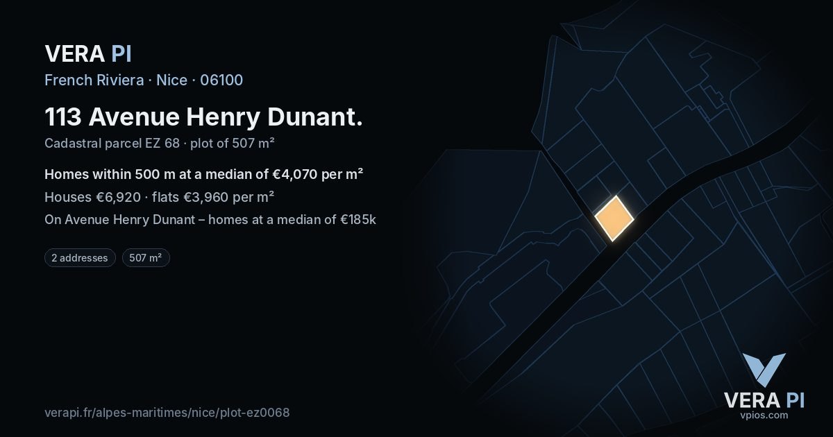 113 Avenue Henry Dunant, Nice at night – the plot lit, the parcels around coloured by the prices near them
