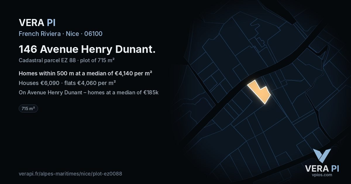 146 Avenue Henry Dunant, Nice at night – the plot lit, the parcels around coloured by the prices near them