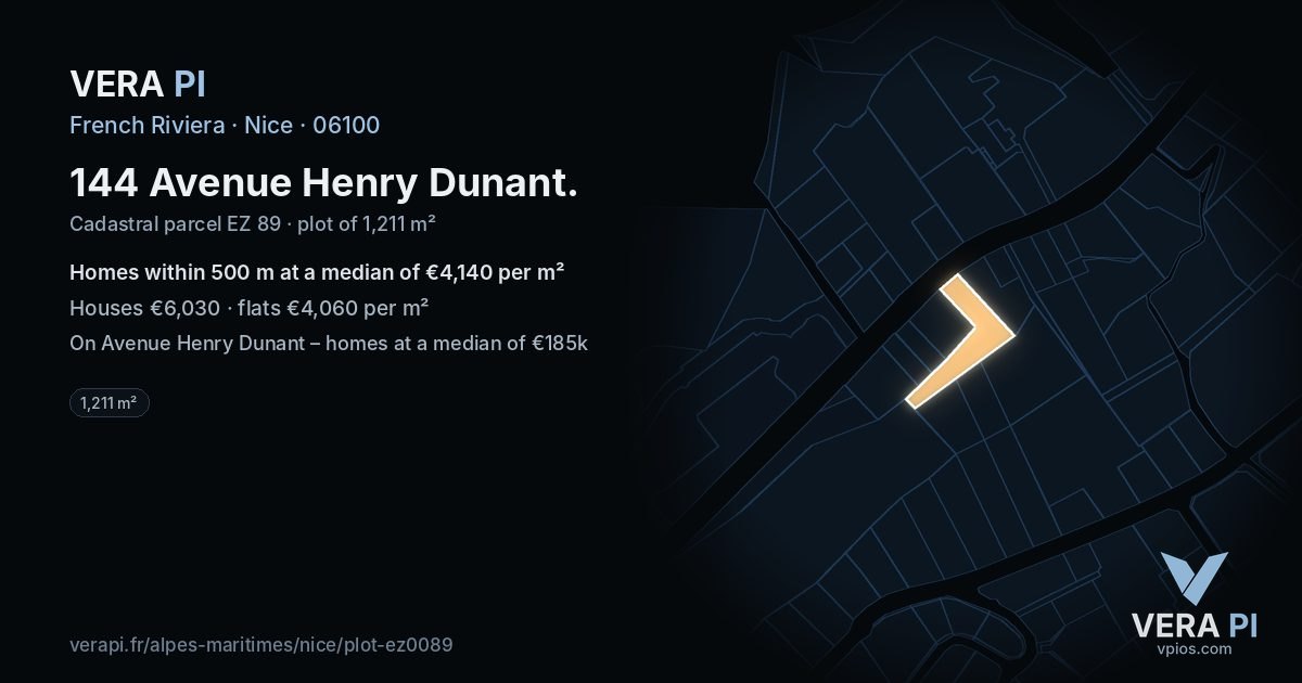 144 Avenue Henry Dunant, Nice at night – the plot lit, the parcels around coloured by the prices near them