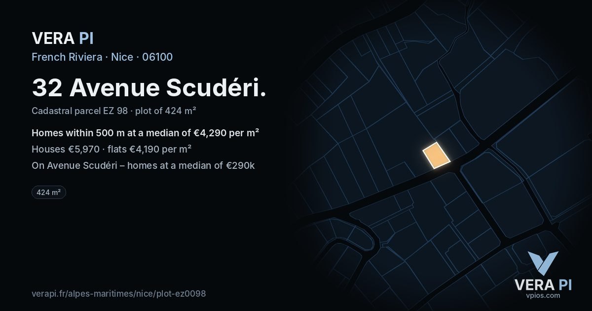 32 Avenue Scudéri, Nice at night – the plot lit, the parcels around coloured by the prices near them