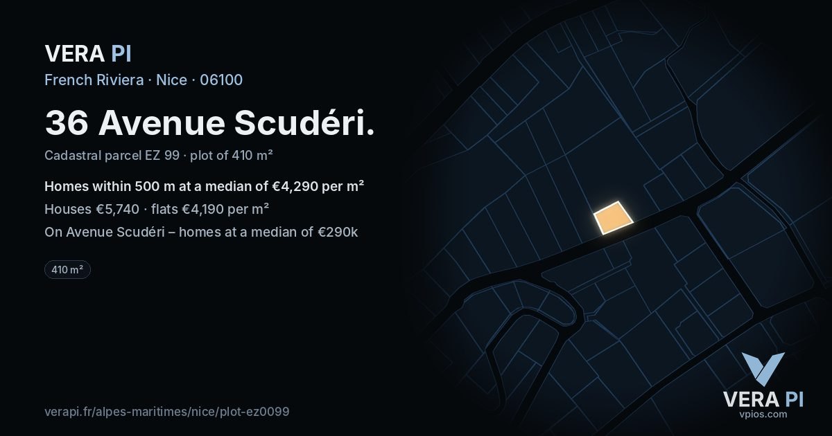 36 Avenue Scudéri, Nice at night – the plot lit, the parcels around coloured by the prices near them