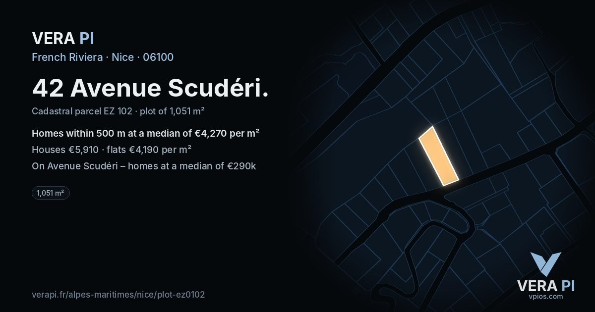 42 Avenue Scudéri, Nice at night – the plot lit, the parcels around coloured by the prices near them
