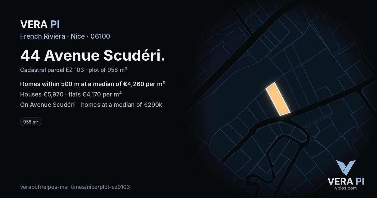 44 Avenue Scudéri, Nice at night – the plot lit, the parcels around coloured by the prices near them