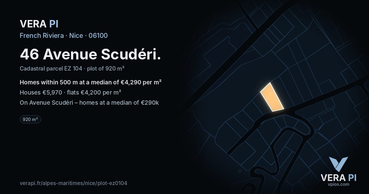 46 Avenue Scudéri, Nice at night – the plot lit, the parcels around coloured by the prices near them