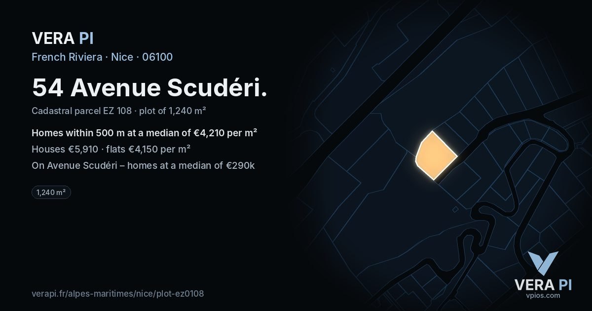 54 Avenue Scudéri, Nice at night – the plot lit, the parcels around coloured by the prices near them