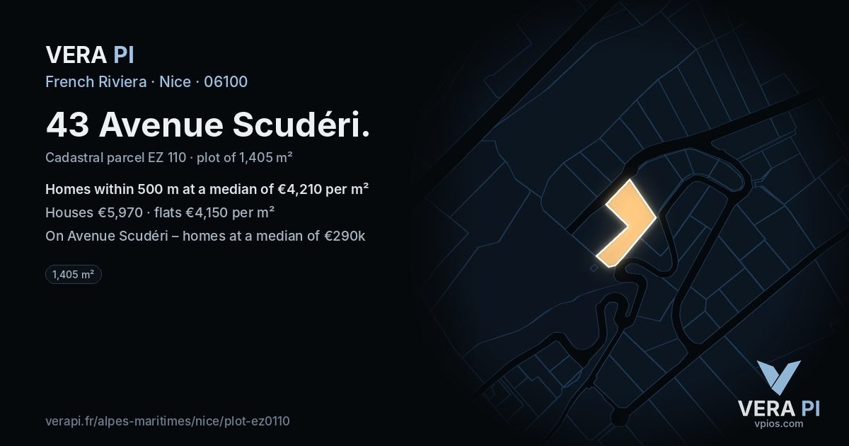 43 Avenue Scudéri, Nice at night – the plot lit, the parcels around coloured by the prices near them