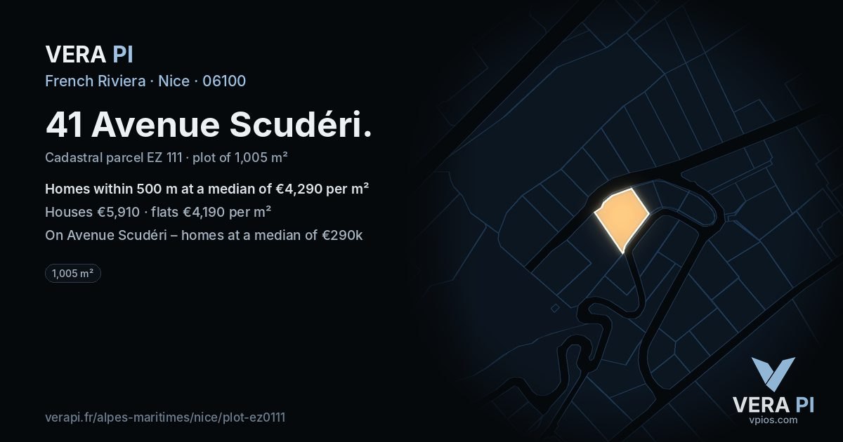 41 Avenue Scudéri, Nice at night – the plot lit, the parcels around coloured by the prices near them