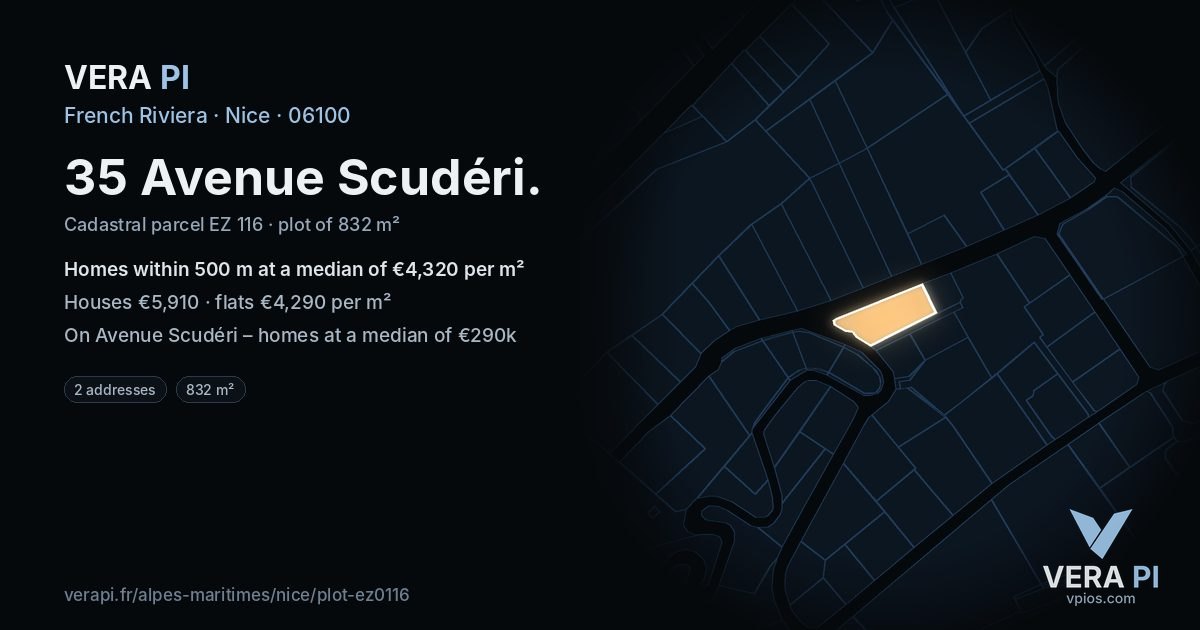 35 Avenue Scudéri, Nice at night – the plot lit, the parcels around coloured by the prices near them