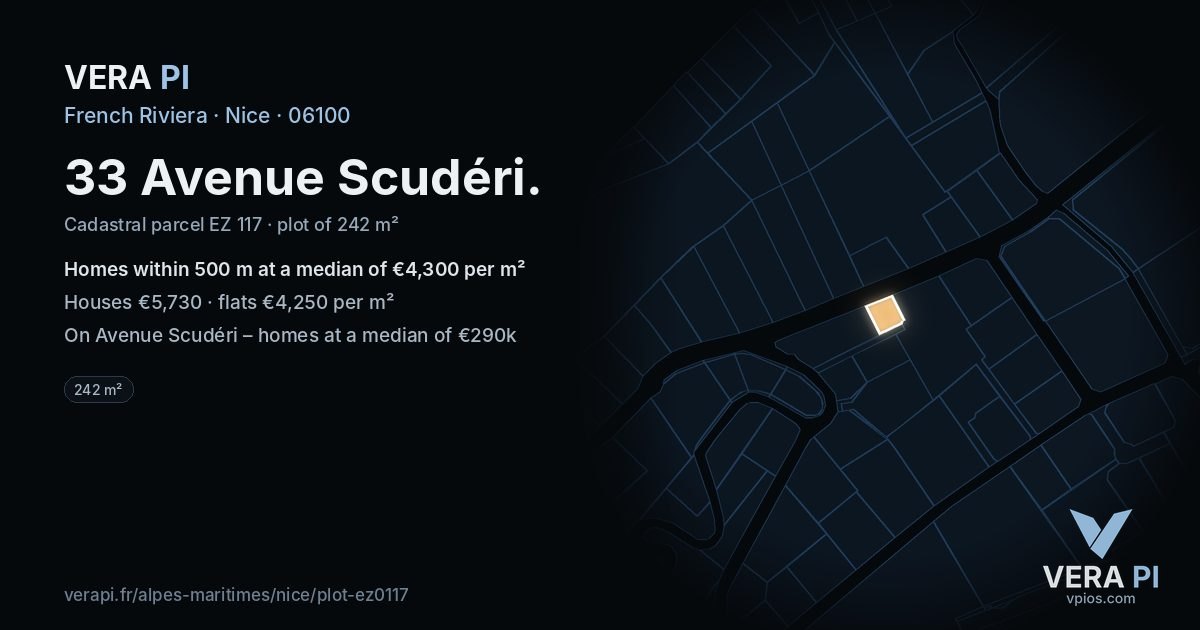 33 Avenue Scudéri, Nice at night – the plot lit, the parcels around coloured by the prices near them