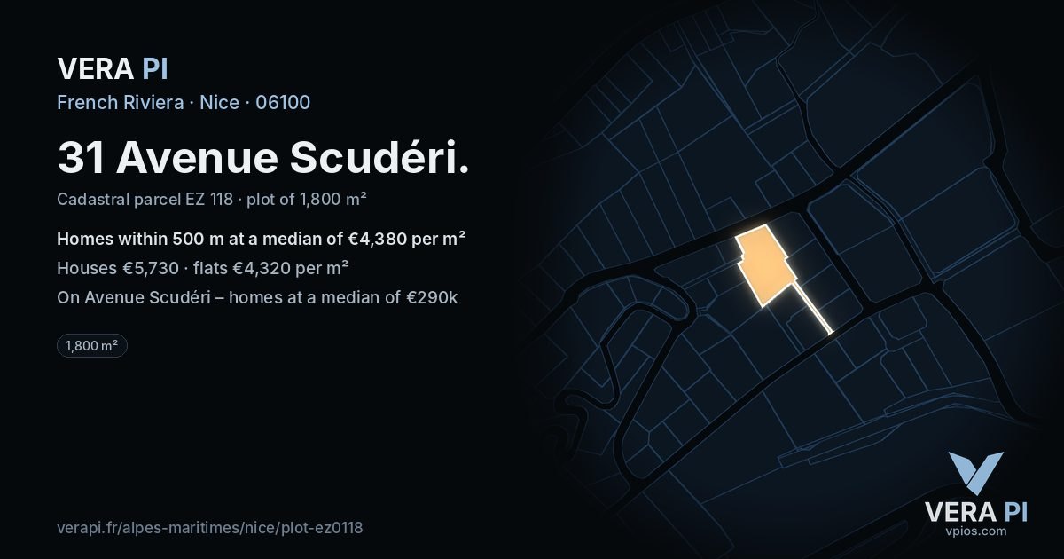 31 Avenue Scudéri, Nice at night – the plot lit, the parcels around coloured by the prices near them