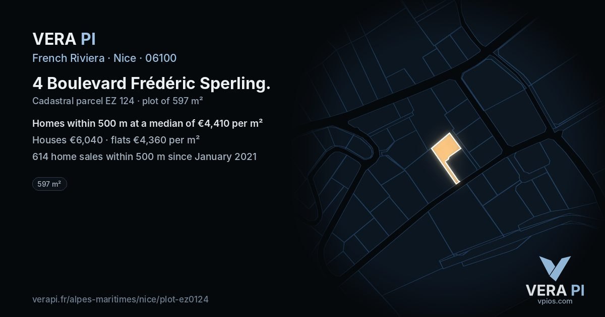 4 Boulevard Frédéric Sperling, Nice at night – the plot lit, the parcels around coloured by the prices near them