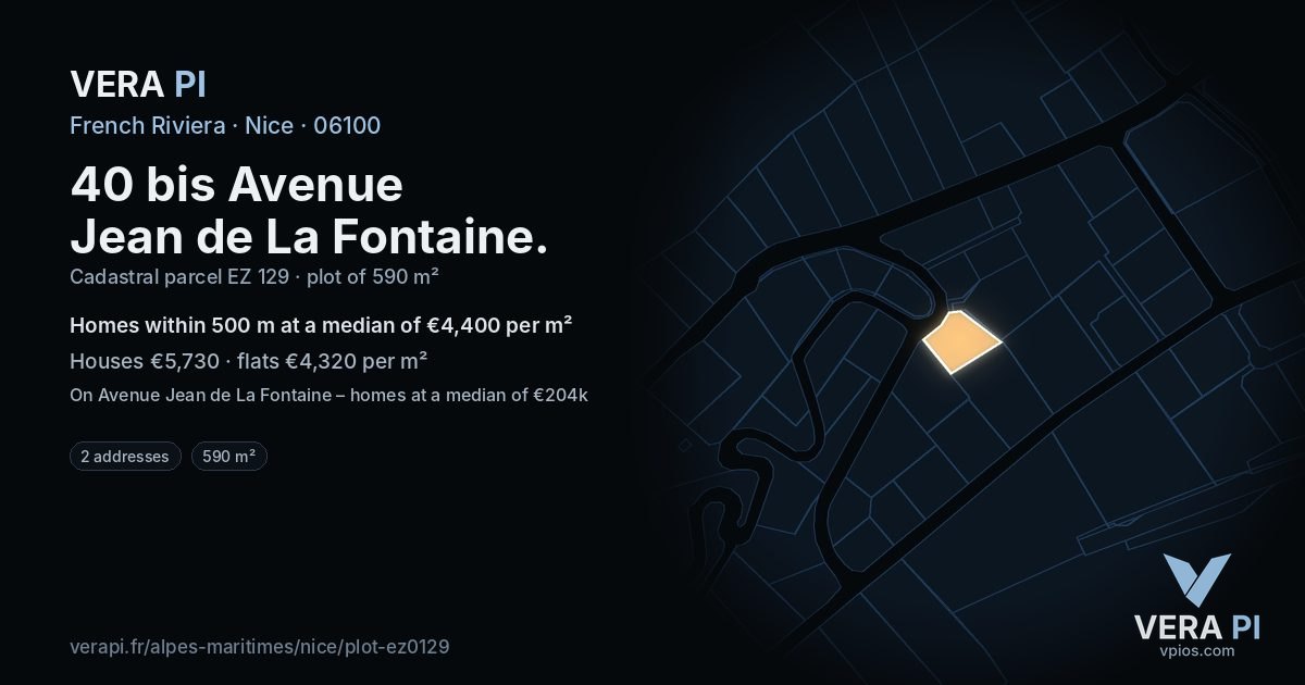 40 bis Avenue Jean de La Fontaine, Nice at night – the plot lit, the parcels around coloured by the prices near them