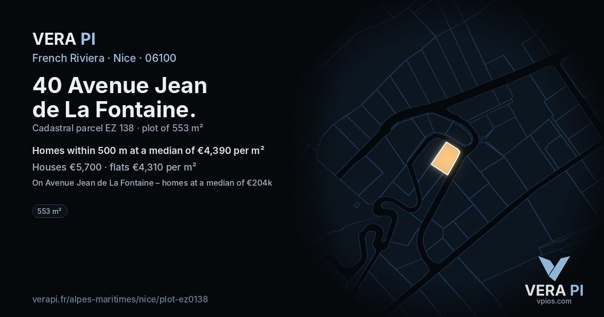 40 Avenue Jean de La Fontaine, Nice at night – the plot lit, the parcels around coloured by the prices near them