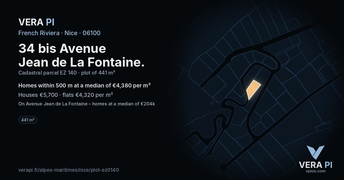 34 bis Avenue Jean de La Fontaine, Nice at night – the plot lit, the parcels around coloured by the prices near them