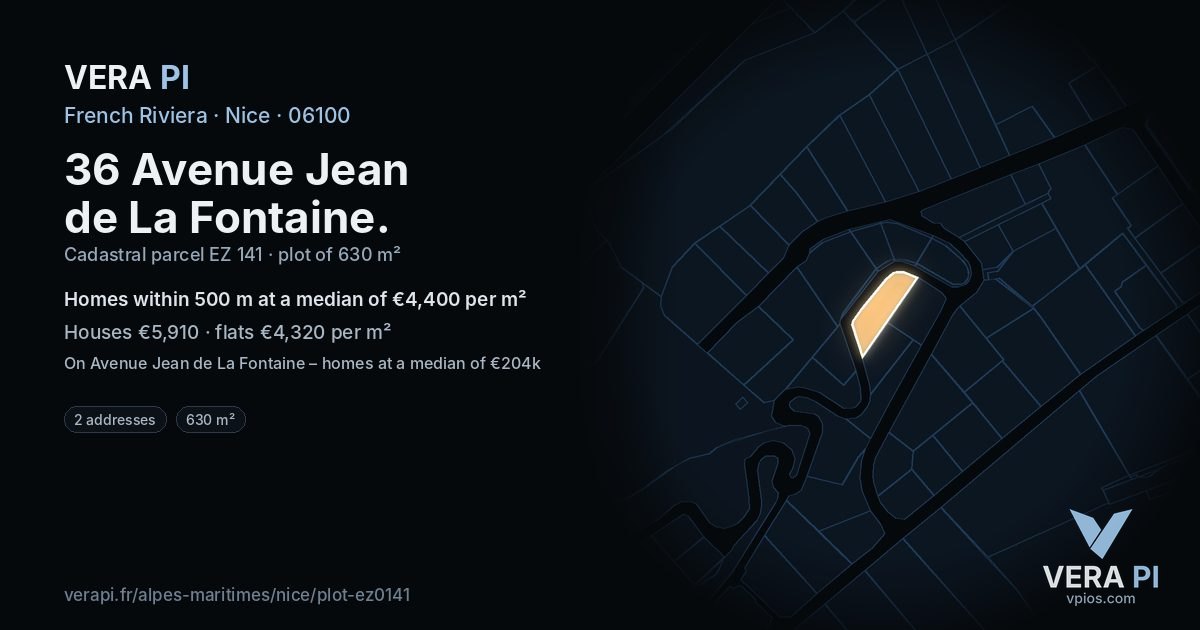 36 Avenue Jean de La Fontaine, Nice at night – the plot lit, the parcels around coloured by the prices near them
