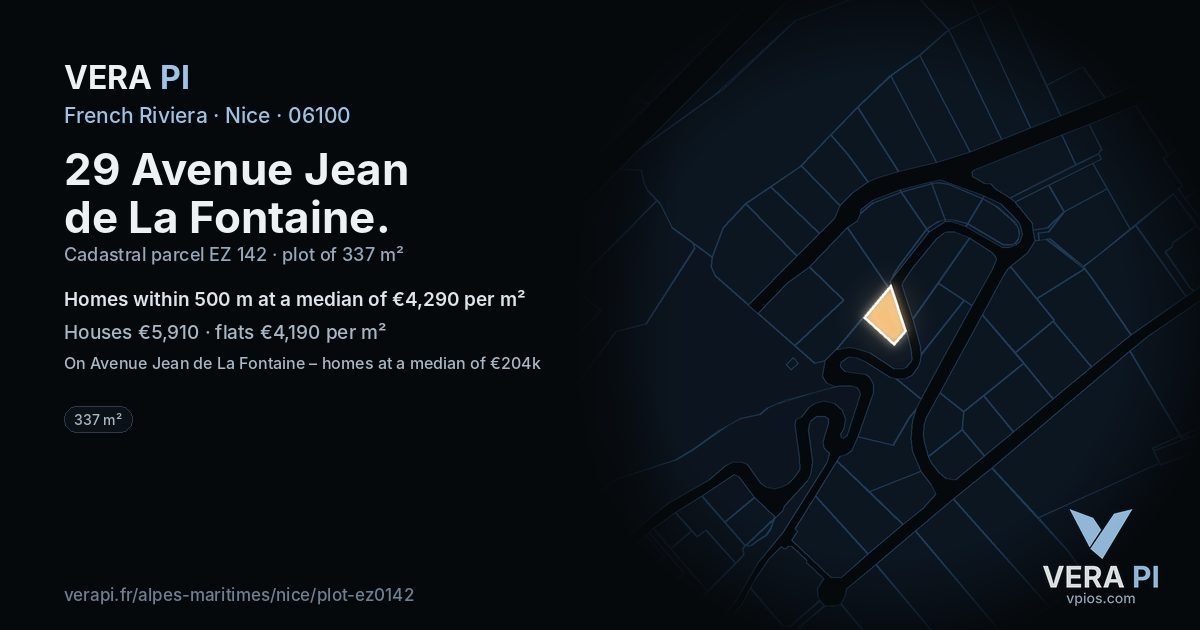 29 Avenue Jean de La Fontaine, Nice at night – the plot lit, the parcels around coloured by the prices near them